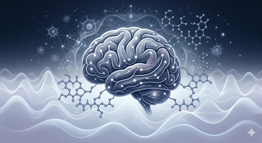 Scientific sleep and recovery illustration showing delta-wave patterns, peptide chains, a sleeping brain outline, and cellular repair signals representing DSIP research, deep sleep, and nighttime recovery.