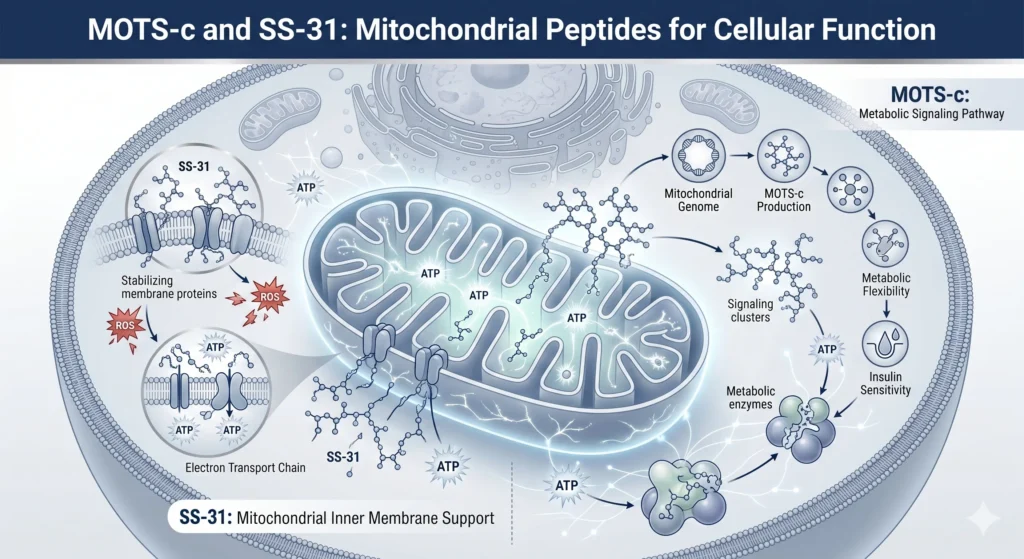 Scientific biotech illustration showing mitochondria, peptide chains, ATP energy particles, and cellular signaling pathways representing MOTS-c and SS-31 research related to mitochondrial function and cellular energy.