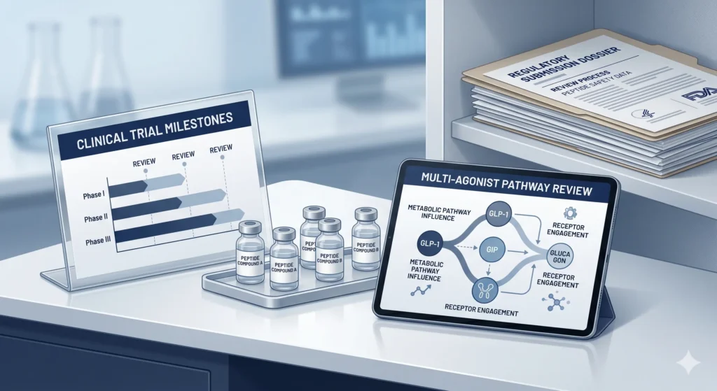 Biotech news illustration showing peptide vials, clinical trial charts, GLP-1 pathway graphics, and regulatory documents representing May 2026 peptide news about retatrutide, obesity-drug research, and peptide safety oversight.