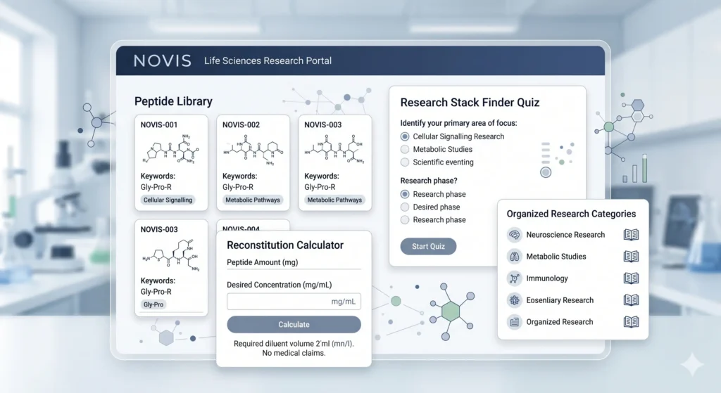 Biotech dashboard illustration showing peptide library cards, research citations, a stack finder, a reconstitution calculator, and peptide molecule visuals representing Novis Life as an organized peptide research catalog.