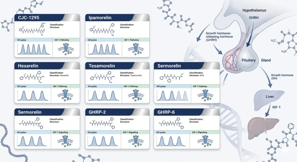 Scientific comparison illustration showing Growth Hormone Secretagogues CJC-1295, Ipamorelin, Hexarelin, Tesamorelin, Sermorelin, GHRP-2, and GHRP-6 peptide cards with a hypothalamus-pituitary-growth hormone pathway, GH pulse graphics, and IGF-1 signaling icons